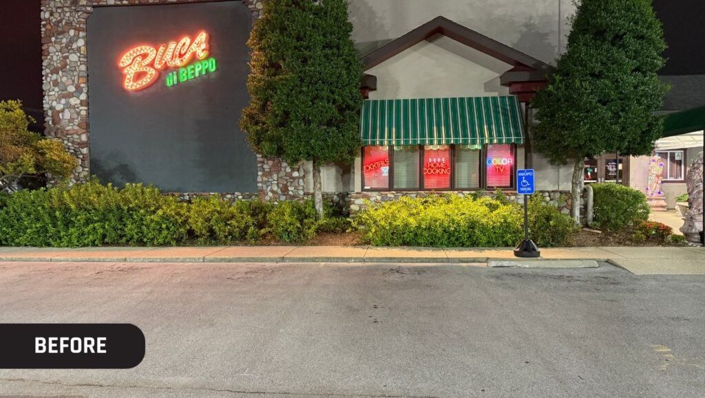 front view of Buca di Beppo parking lot with no line markings