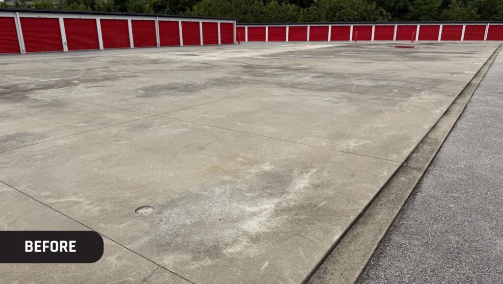 Public Storage parking lot with no parking lot lines