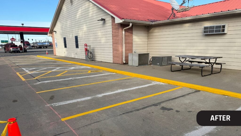 parking spots freshly painted for Casey’s Pizza Delivery