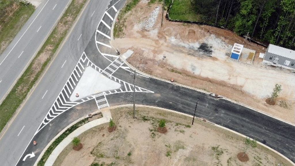overhead view entrance and exit lane striping in Austell, GA