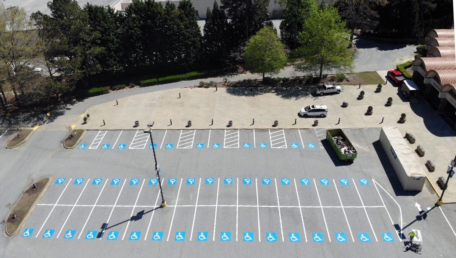birds eye view of parking lot line striping at Worldchangers Intl Church in College Park, GA