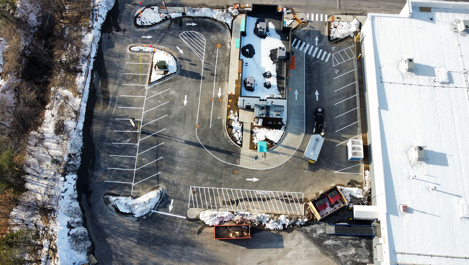 aerial view of re-striped parking lot