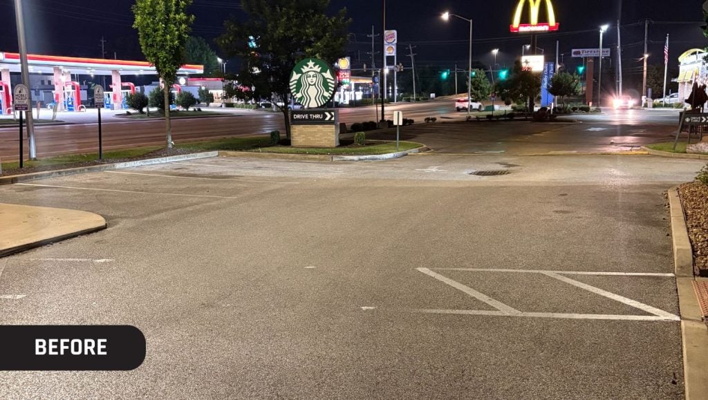 Taco Bell parking lot with faded line markings