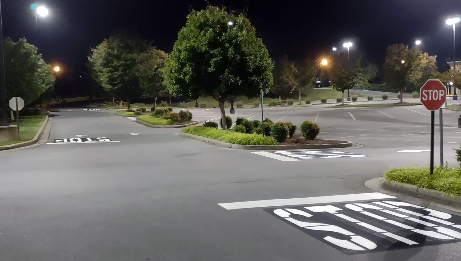 wide view of freshly painted parking lot