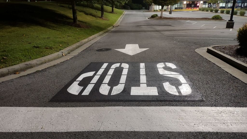 wide view of freshly painted parking lot