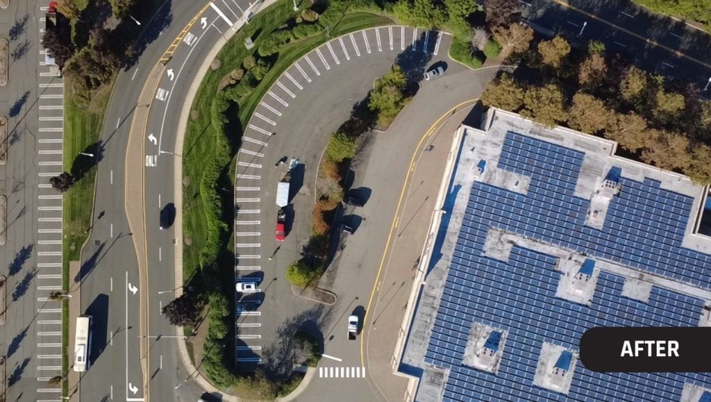 Divisions Inc. parking lot freshly painted aerial view