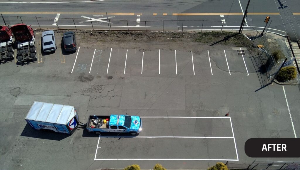parking spots freshly painted for Premier Motor Lines aerial view