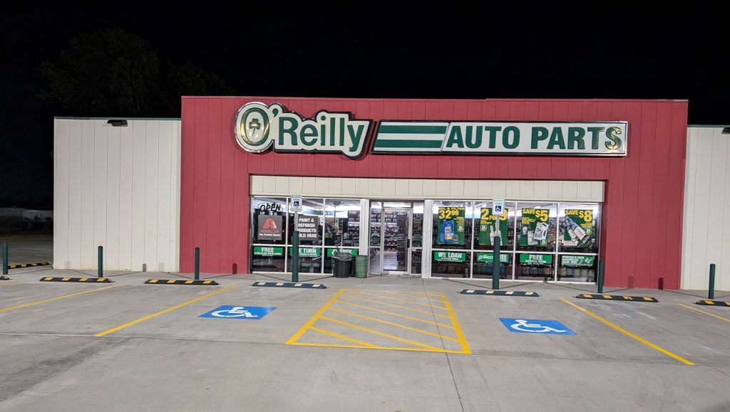 close-up of parking spots freshly painted for O'Reilly Auto Parts