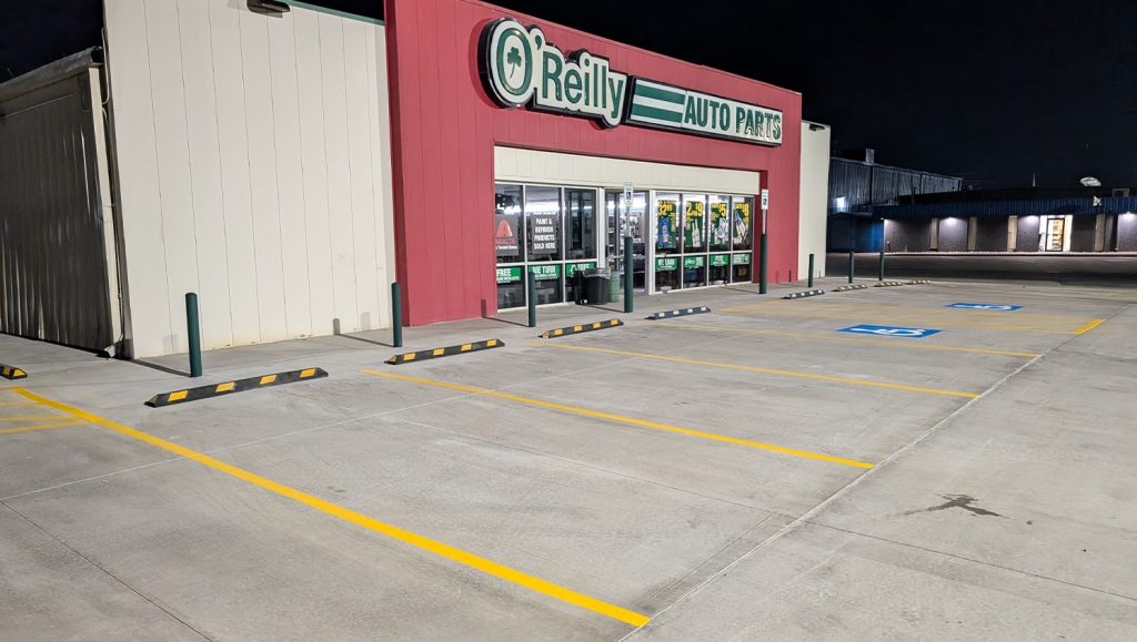 freshly painted line markings for O'Reilly Auto Parts parking lot