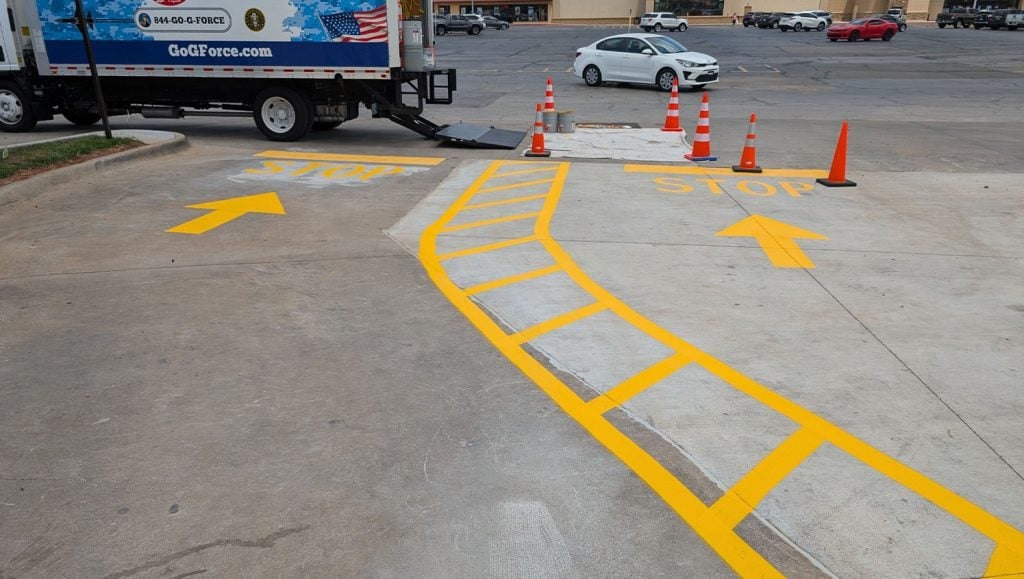 close-up of fire lane markings for Chick-fil-A parking lot