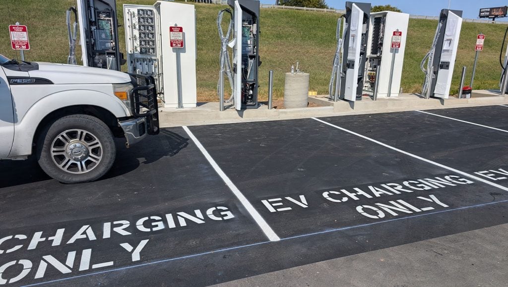close-up of freshly painted ev charging stations for Tulsa Premium Outlets (Mall)