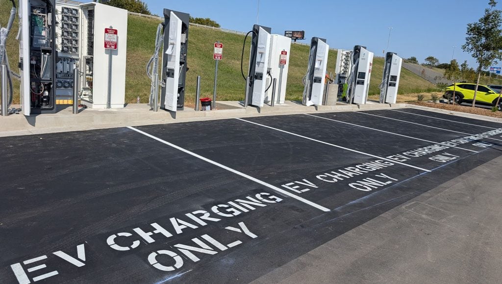 ev charging markings freshly painted for Tulsa Premium Outlets (Mall)