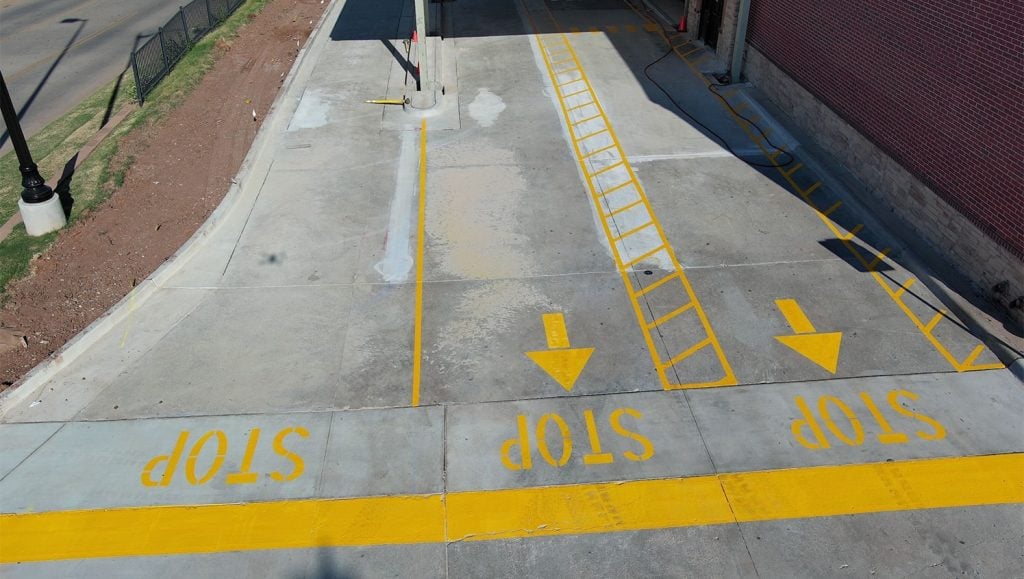 freshly painted line markings for Chick-Fil-A drive thru