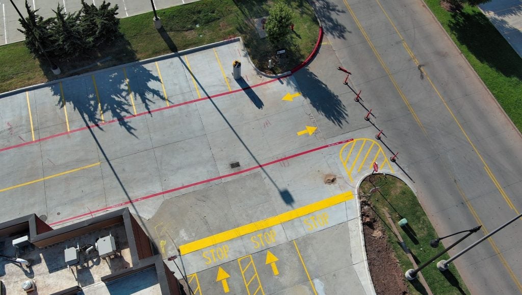 close-up view of line markings for Chick-Fil-A drive thru