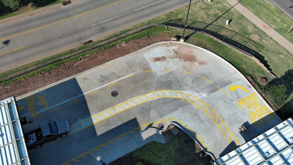 close-up freshly painted line markings for Chick-Fil-A