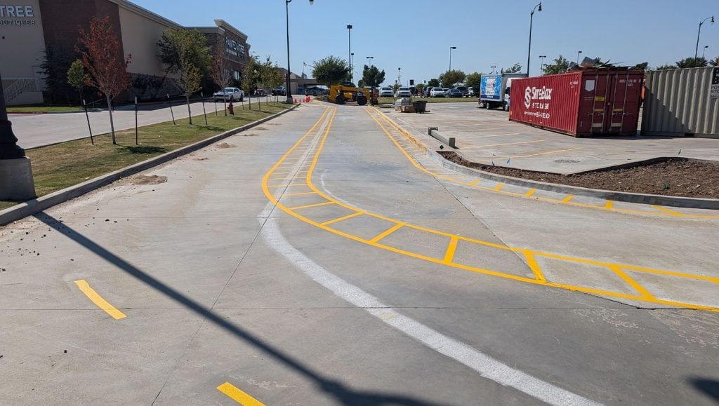 aerial view of freshly painted fire lane markings for Chick-Fil-A