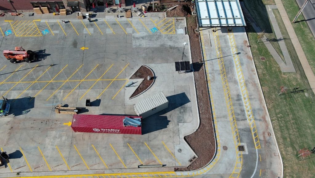 freshly painted line markings for Chick-Fil-A aerial view