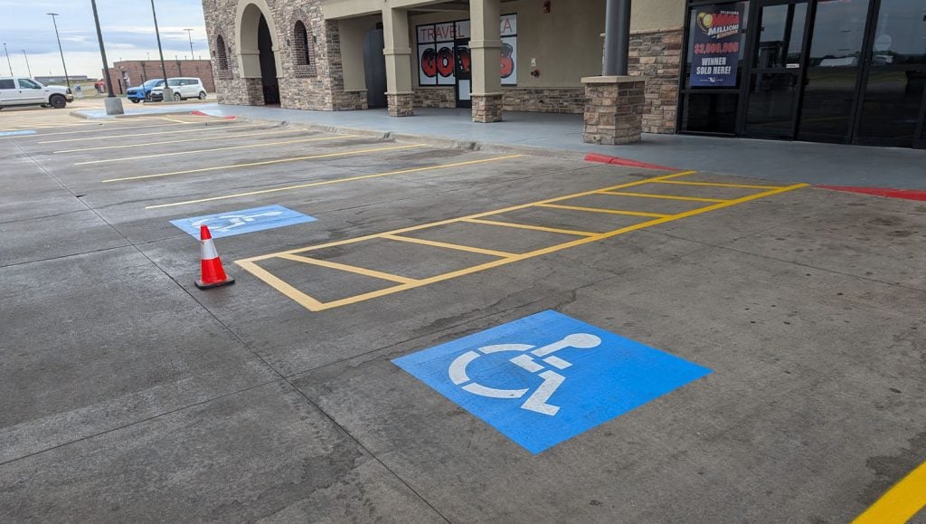 freshly painted line markings for Gore's Travel Plaza