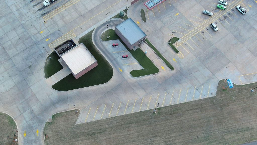 Gore's Travel Plaza parking lot freshly painted aerial view