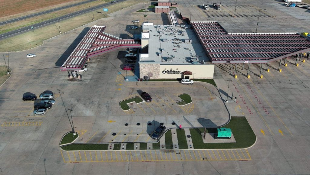 aerial view of Gore's Travel Plaza parking lot