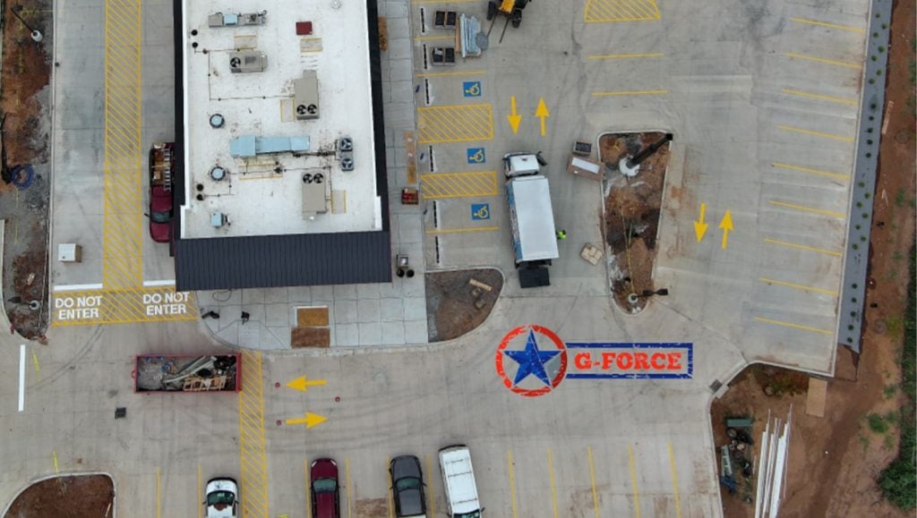 aerial view of panda express with freshly painted line markings