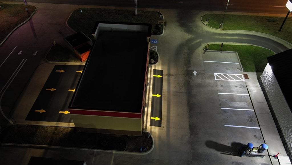 aerial view of take 5 oil change parking lot with fresh line striping