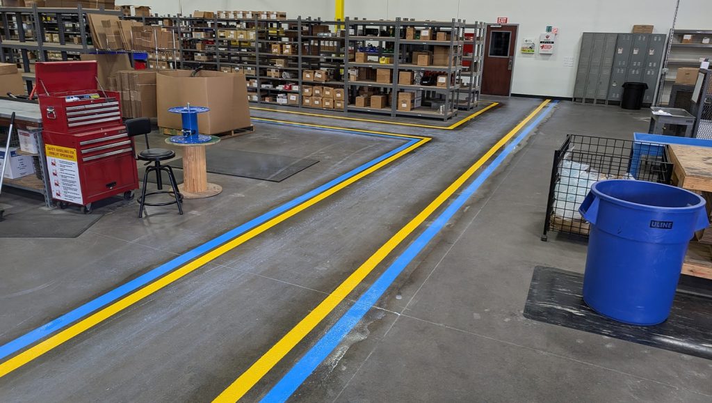 yellow and blue line markings for warehouse