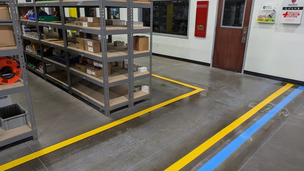 yellow line markings freshly painted for warehouse
