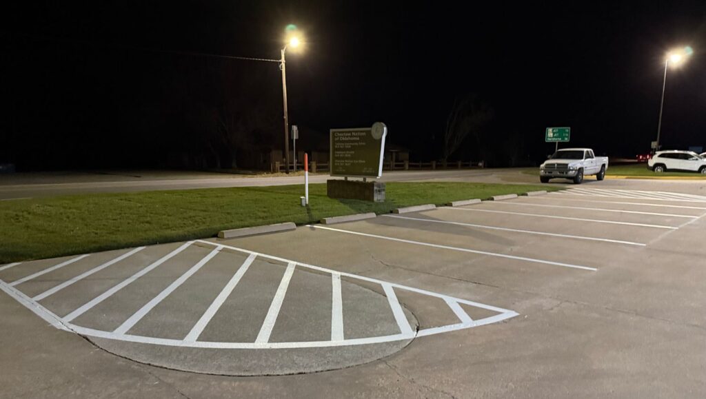 crosswalk freshly painted for Talihina Tribal Services parking lot