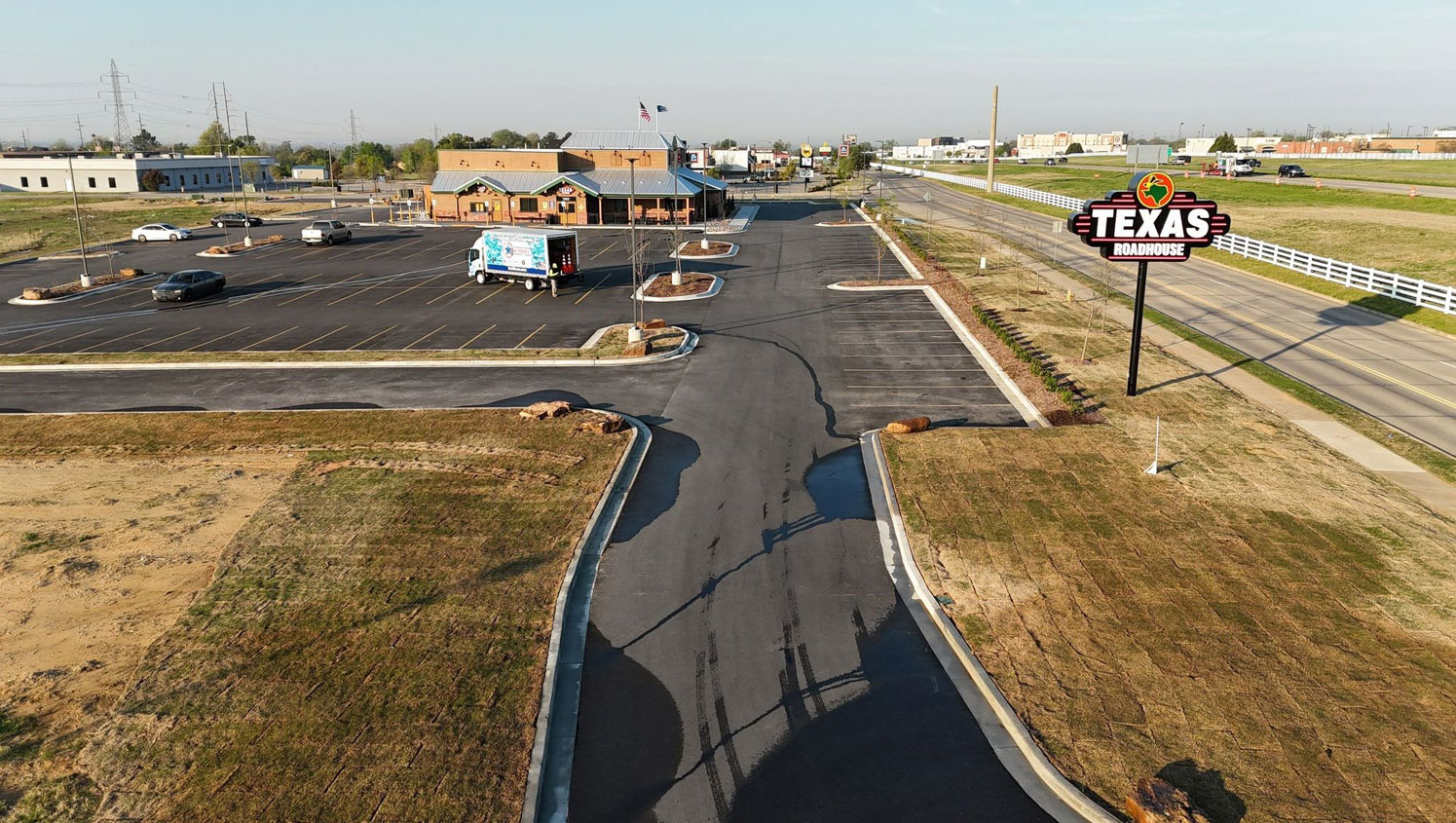 aerial view of line striping project in Owasso, OK