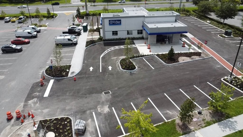 close-up of line markings for VyStar Credit Union parking lot