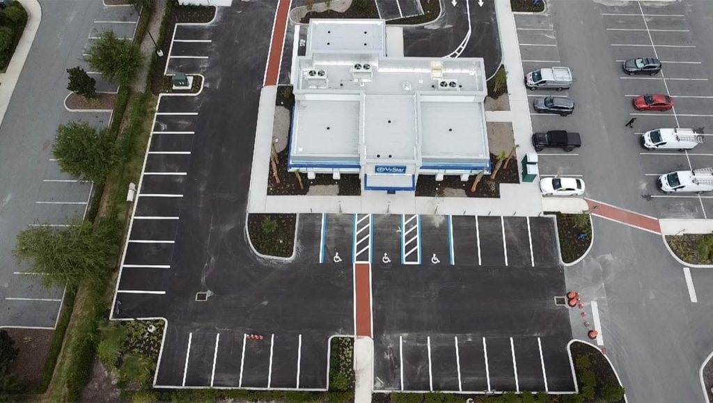 aerial view of VyStar Credit Union parking lot freshly painted