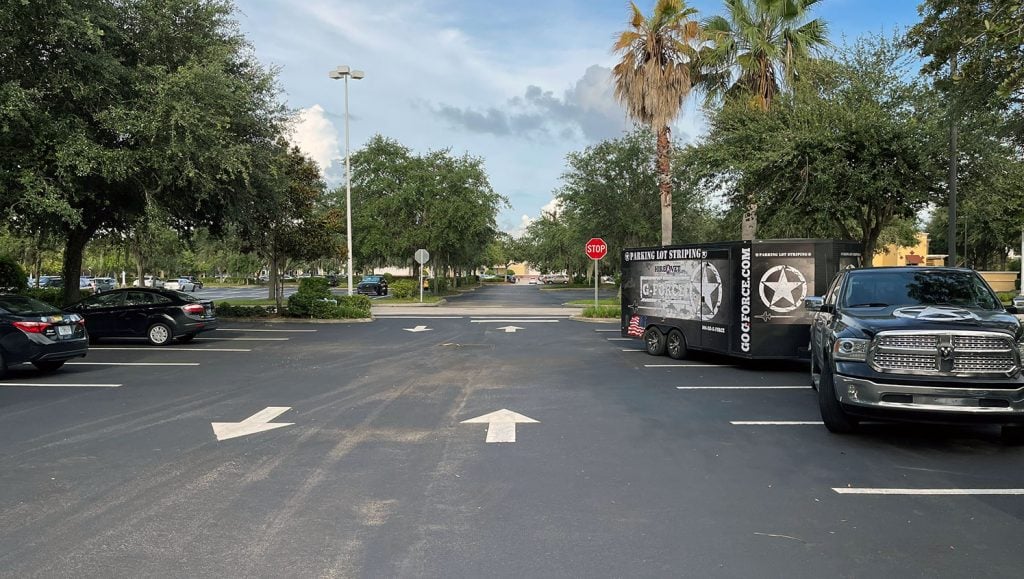 newly striped parking lot markings at tex-mex restaurant