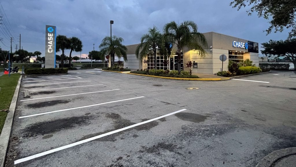 new parking lot striping in the drive-thru area