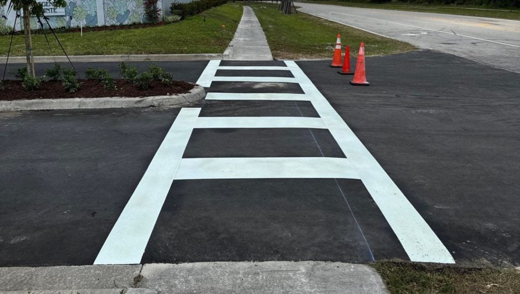 crosswalk freshly painted for Legends Pointe Apartment Complex parking lot