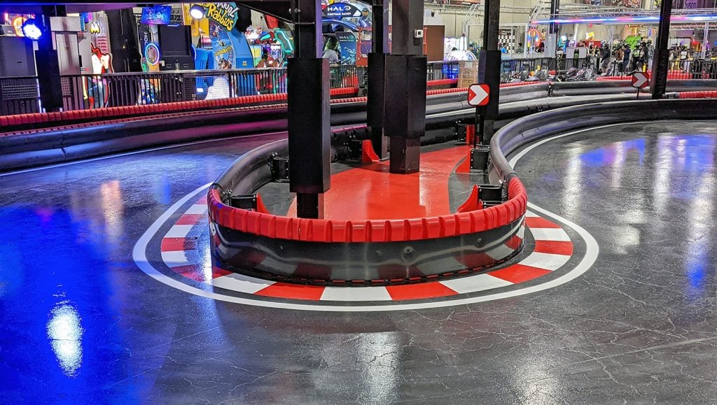 freshly striped lane lines for indoor raceway