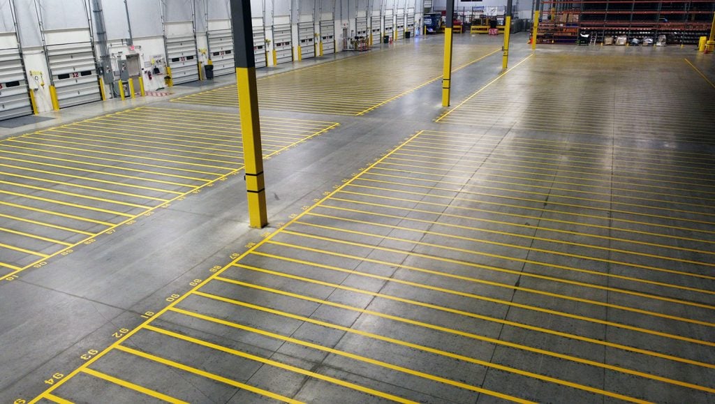 rows of warehouse markings at scholastic book fair warehouse in easton, pa