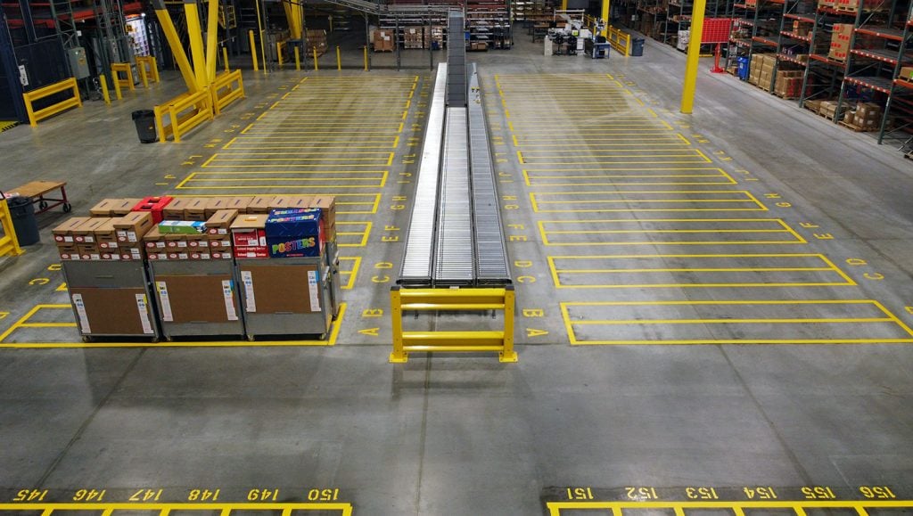 warehouse markings and stacked inventory at scholastic book fair warehouse in easton, pa