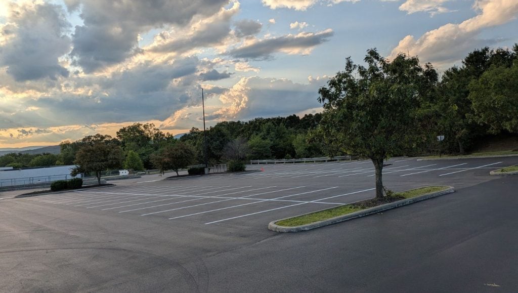 Shopping Center parking lot with freshly painted parking spots