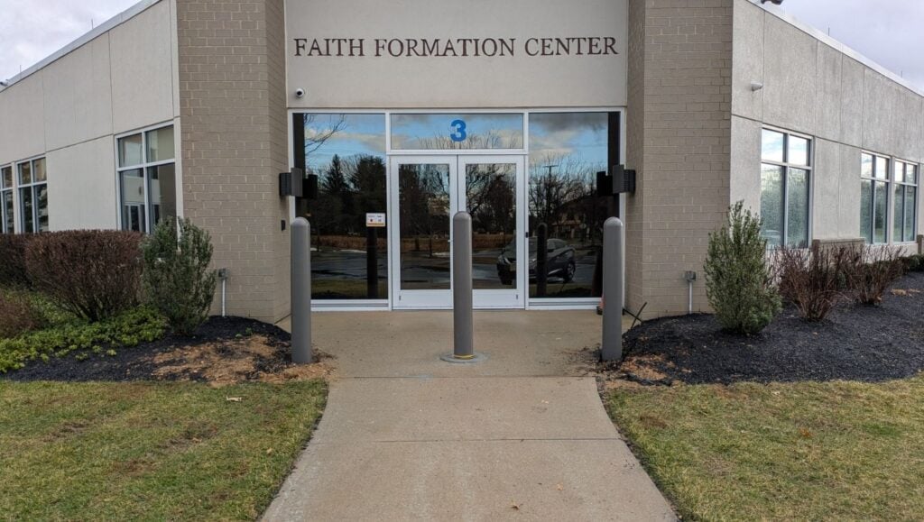 front view of House of Worship with new bollards installed