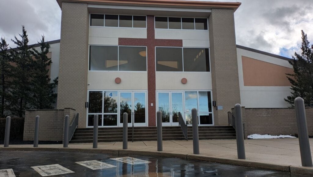 front view of House of Worship with new bollards installed