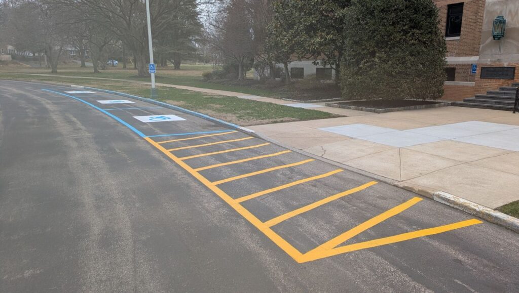 yellow crosswalk freshly painted for Eastern Regional Research Center parking lot