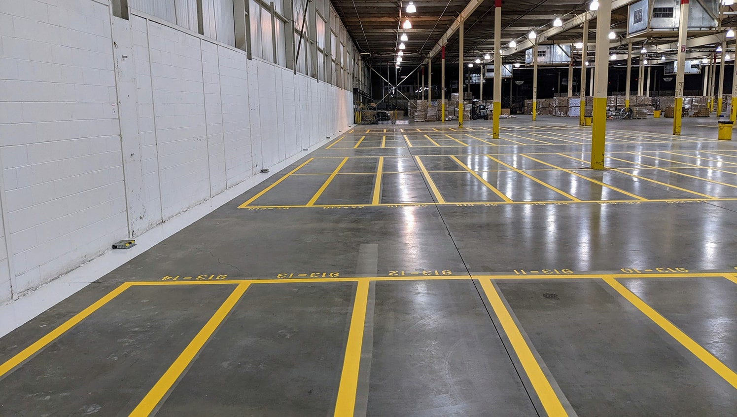 newly striped rows of warehouse markings