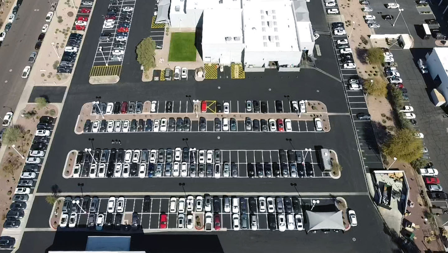 aerial shot of Peoria Volkswagen’s newly striped and seal coated parking lot