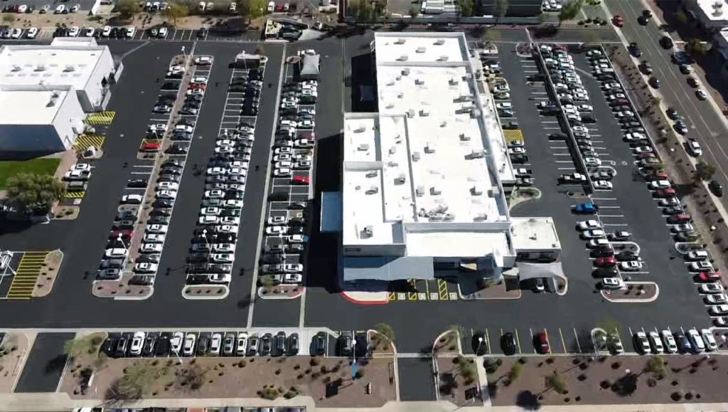 aerial shot of Peoria Volkswagen’s newly striped and seal coated parking lot