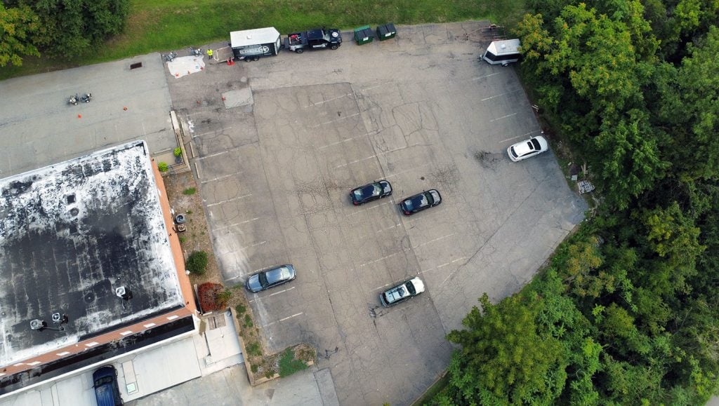 above shot of parking area before re-striping