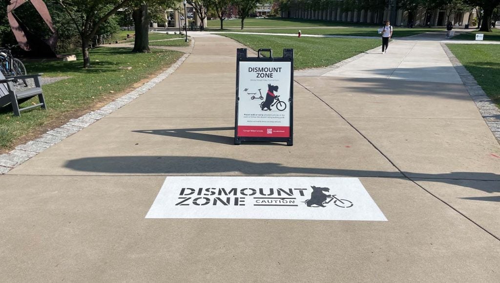 dismount zone freshly painted on Carnegie Mellon University campus