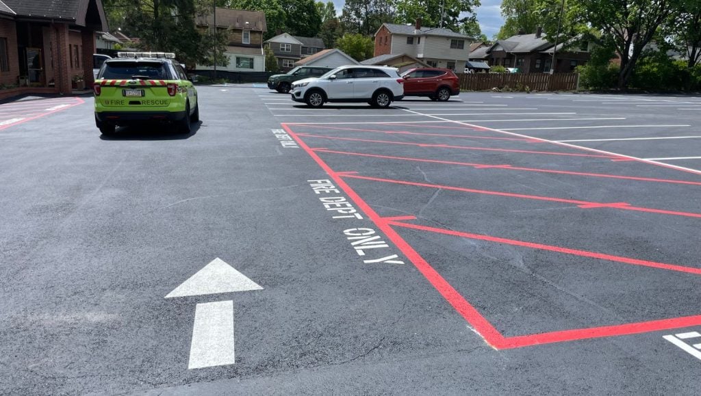 arrows freshly painted for Elfinwild Volunteer Fire Department parking lot