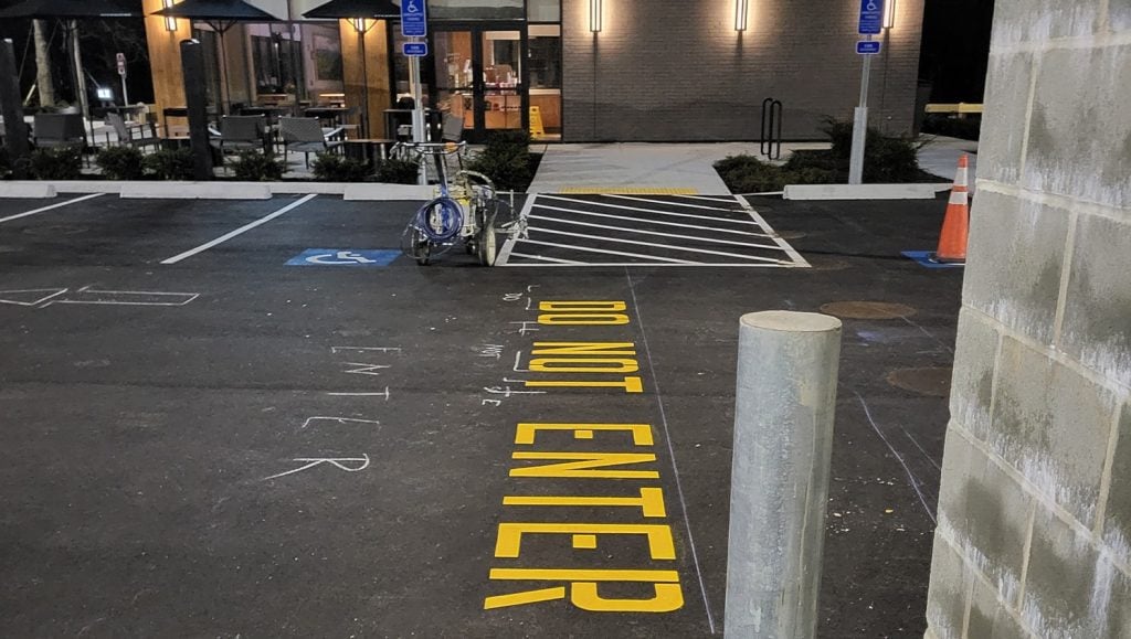 close-up of freshly painted lines for Russco parking lot