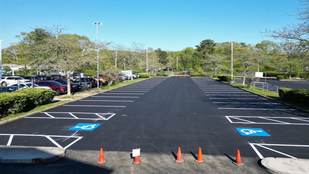 close-up of yellow fire lane for Chamberlain Contractors parking lot